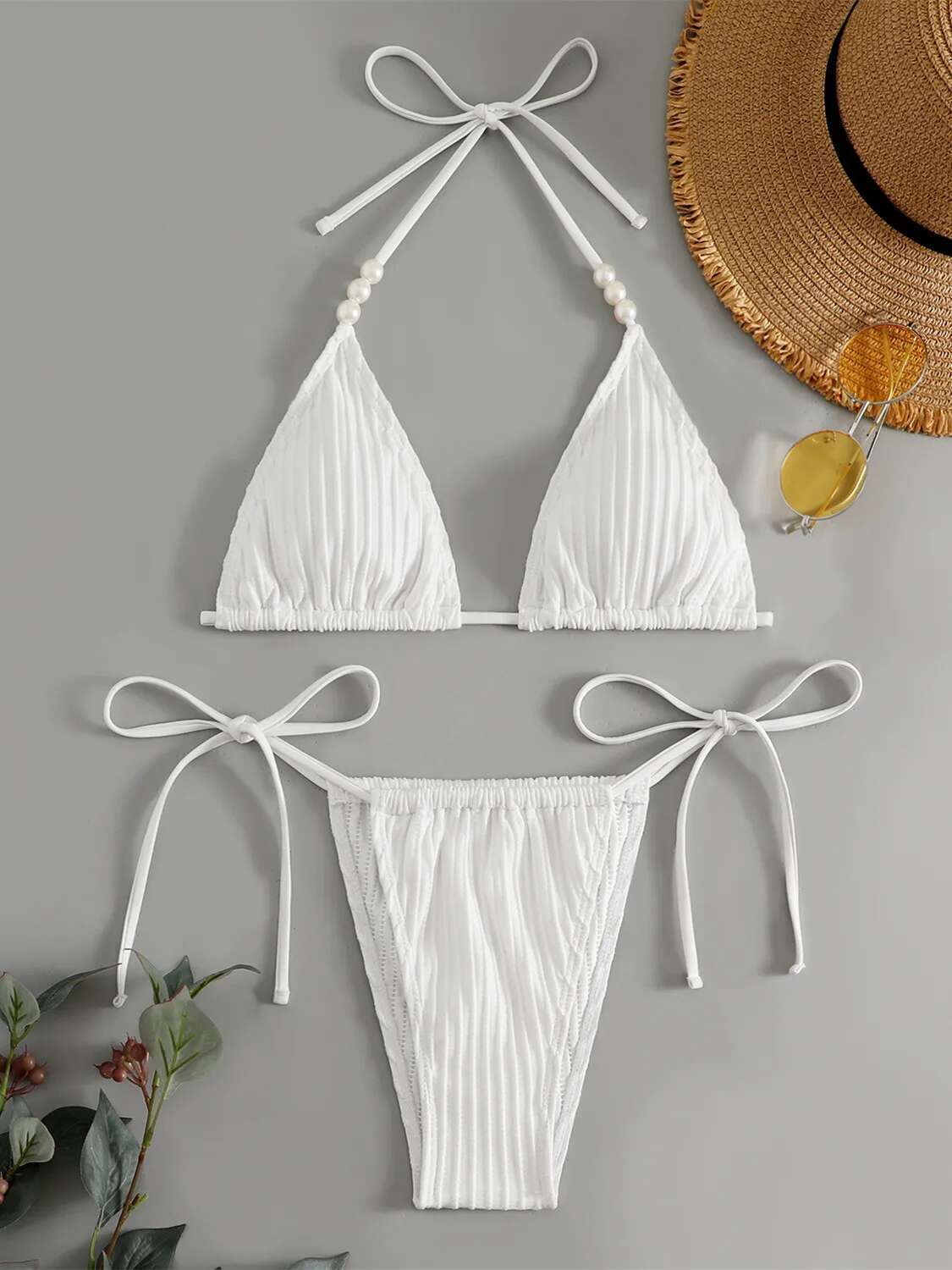 Dongdumaoyi Sexy Pearl Strap Bikini Women Black White Push Up Ribbed Micro Swimsuit Brazilian Bathing Suit Tie Side Triangle Swimwear