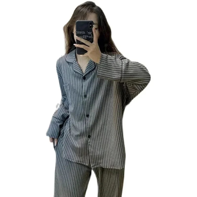 Striped Sleepwear Korean Review Pajamas Womens Spring Wear Long Sleeve Japanese Fashion Ins High Sense Simple Loose Home Suit 250313