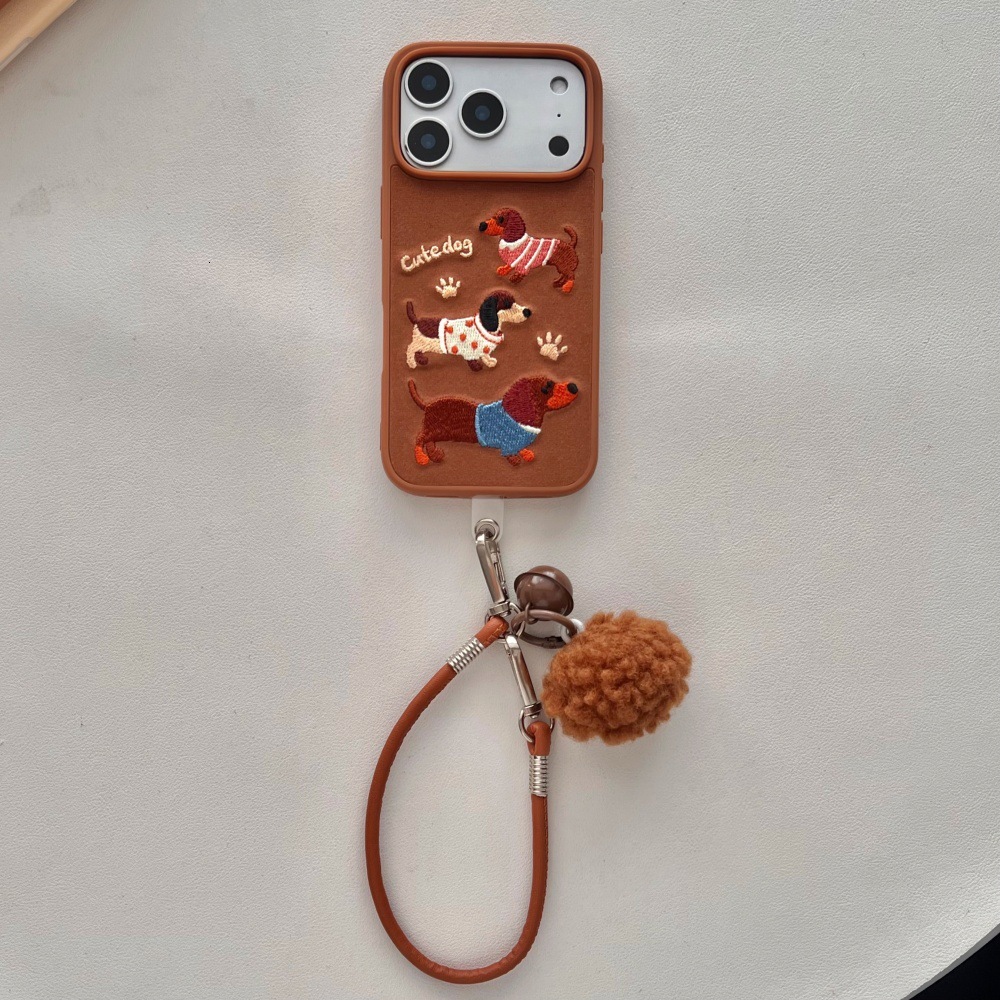 Embroidered Dachshund Dog Phone Case Compatible with iPhone 17/16 Pro Max Cartoon Lanyard iPhone 15/14 Pro