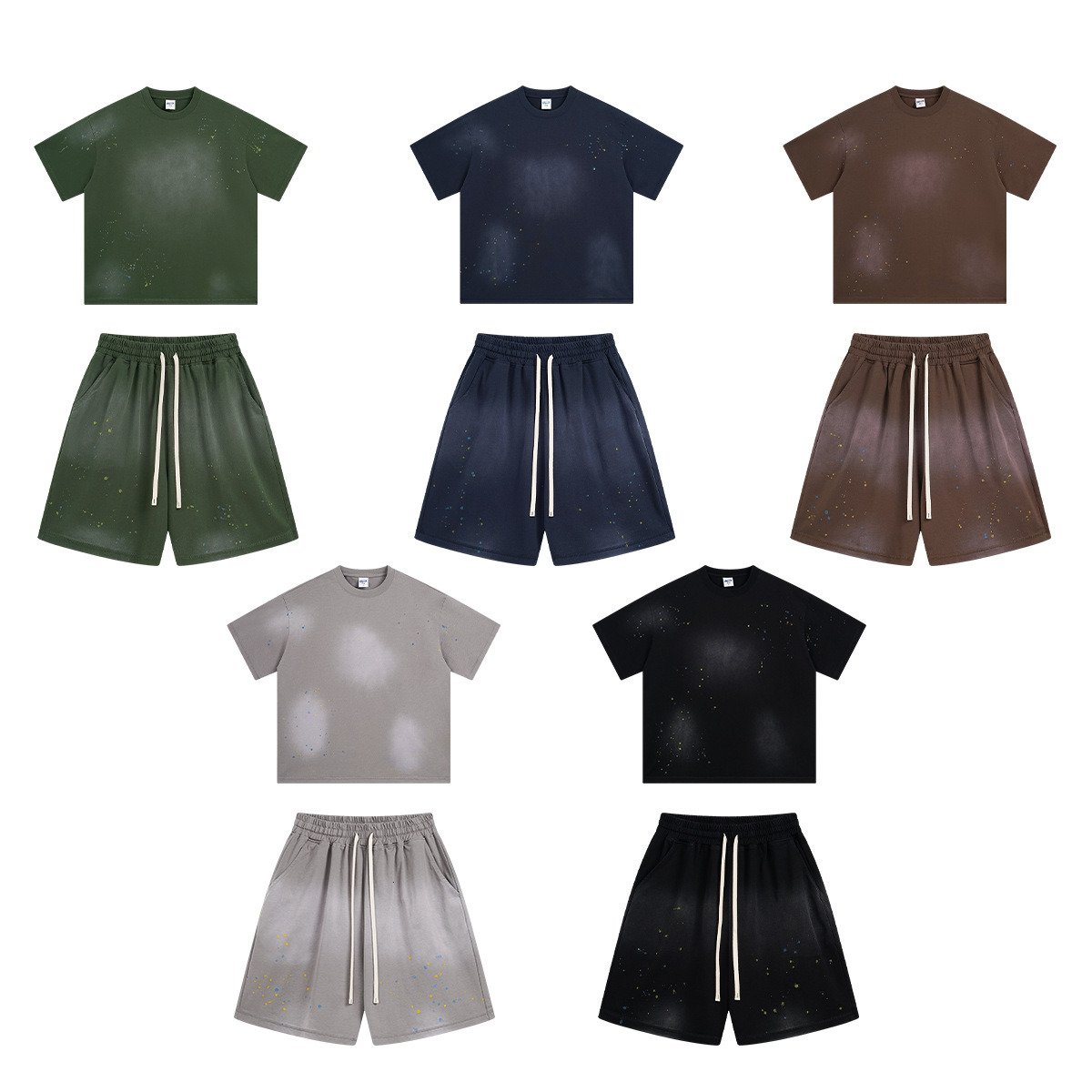 Chain Wear | 2025 Trendy Brand High Street Spring/Summer Men's and Women's Set Spray Horse Willow Ink Splash Short Sleeve Shorts