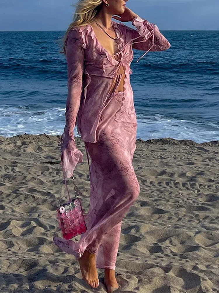 Sexy Chiffon Elegant V Neck Printed Beach Cardigan Shirt Long Maxi Skirt Women Two Piece Set Bandage Ruffles Thin Matching Suit 250313