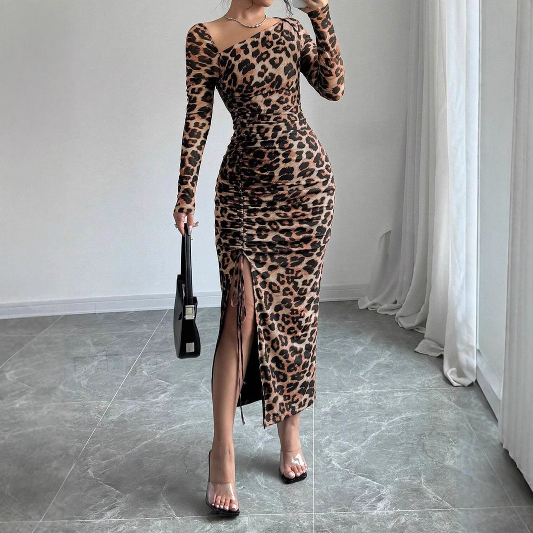 Leopard Print Round Neck Sexy Bodycon Long Dress For Women Long Dress Backless Summer Dresses Spring Autumn Party Club Vestidos 240819