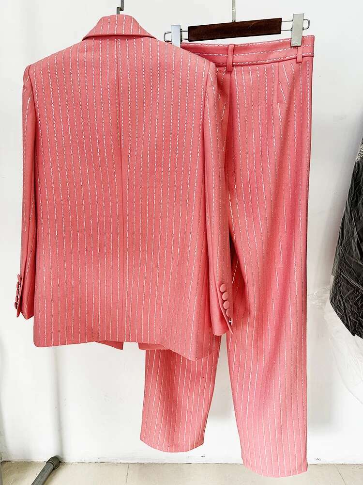Newest 2025 Designer Set Women's Single Button Striped Dias Blazer Pants Suit 2Pcs