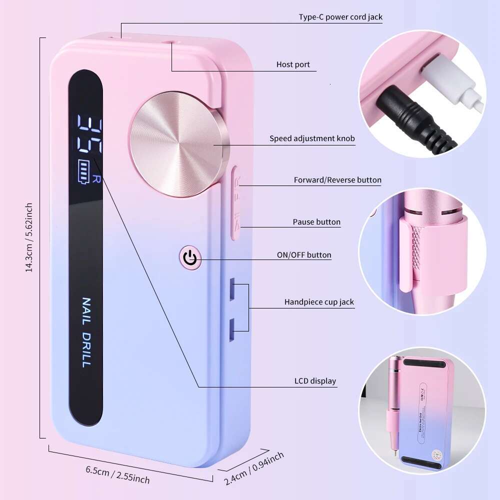 35000RPM Electric Drill hine Professional Drills for Gel Nails Polish Rechargeable Portable Nail File Manicure Tool
