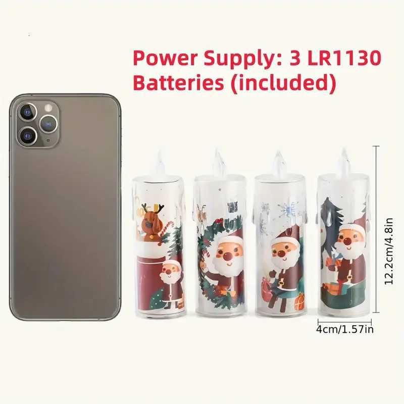 4PCS Electronic Candle Christmas Decoration Transparent With Printed LED Simulation Flameless Candle Ambient Lighting Xmas Gift W251107