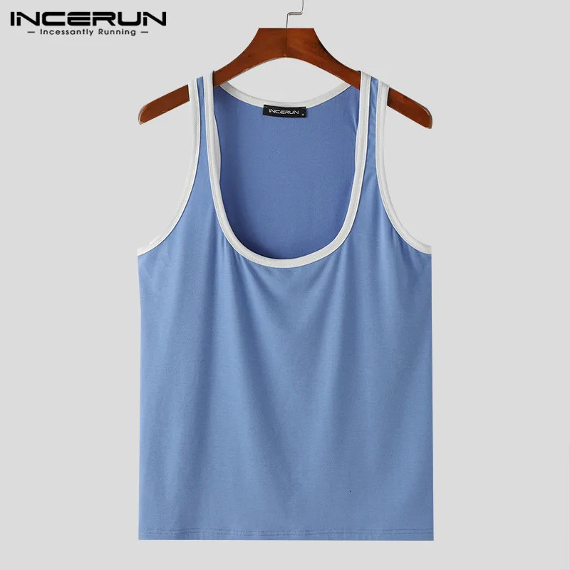 INCERUN Tops US Mens Contrastive Color Splicing Work Large Tank Top Casual and Comfortable Mens U-neck Tank Top S-5XL 250403