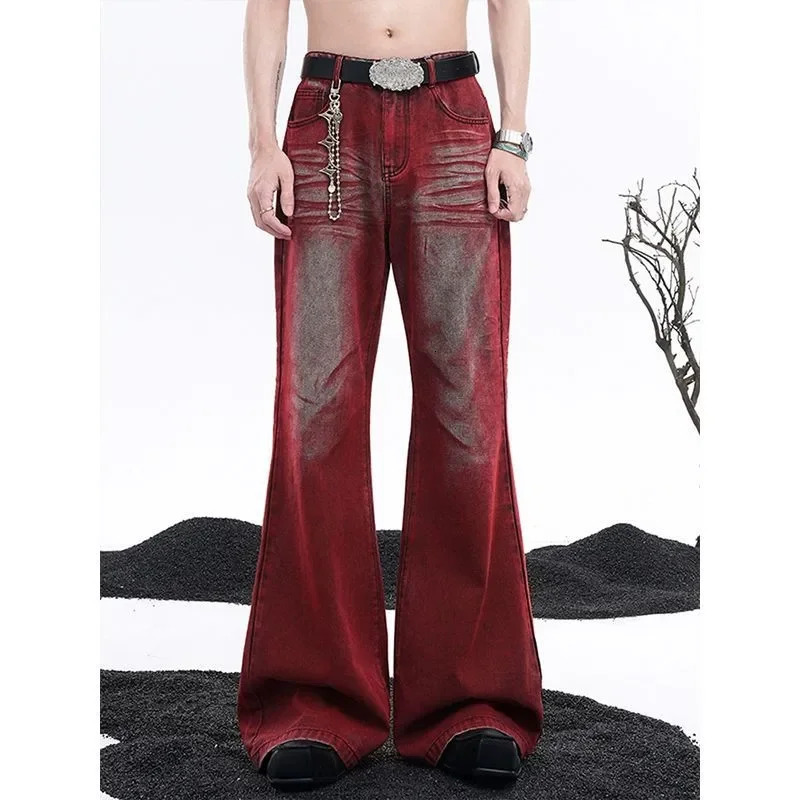 Retro American ankle red mini flame jeans suitable for both men and women early autumn low waist weight loss loose fitting edging 250313