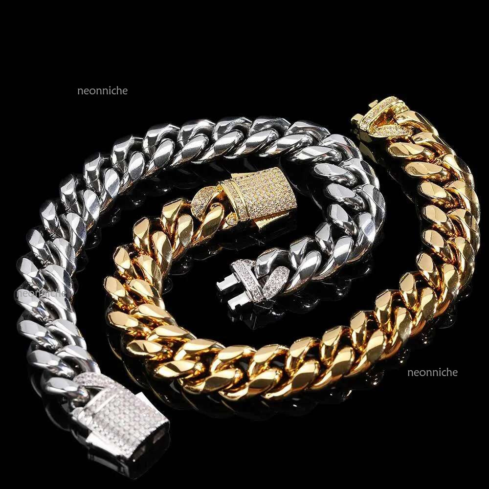 Designer Bangle Top Bg 14k gold Moissanite dia Spring Buckle Hip Hop Titanium Stainless Steel Cuban Chain Bracelet For Men Women Jewel Gift