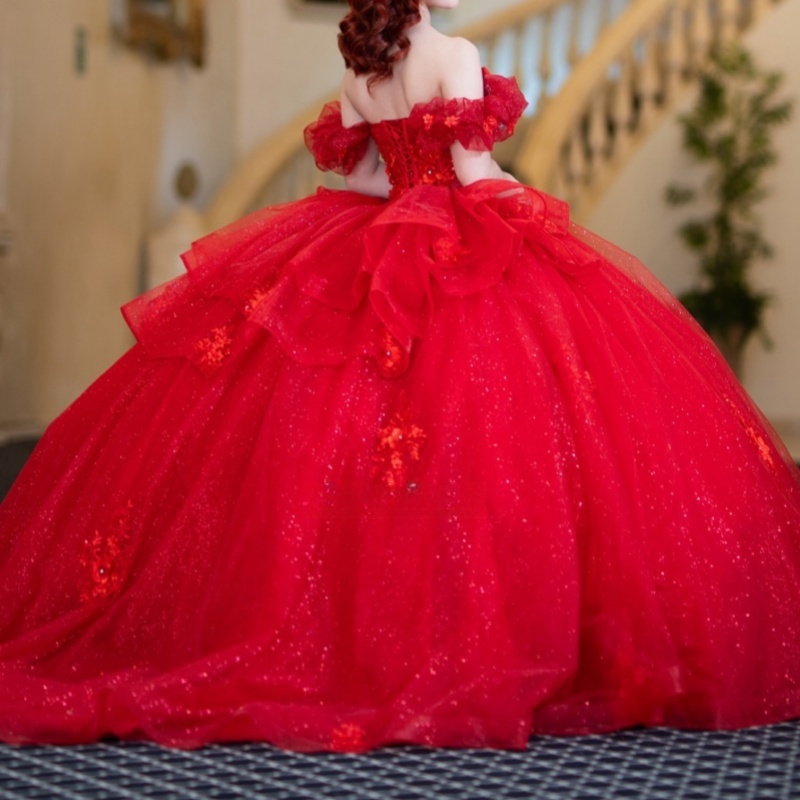 Red Shiny Princess Quinceanera Dresses Off Shoulder Appliqued Beads Tull Corset Sweet 16 Dress Ball Gown Vestidos De XV 15 Anos