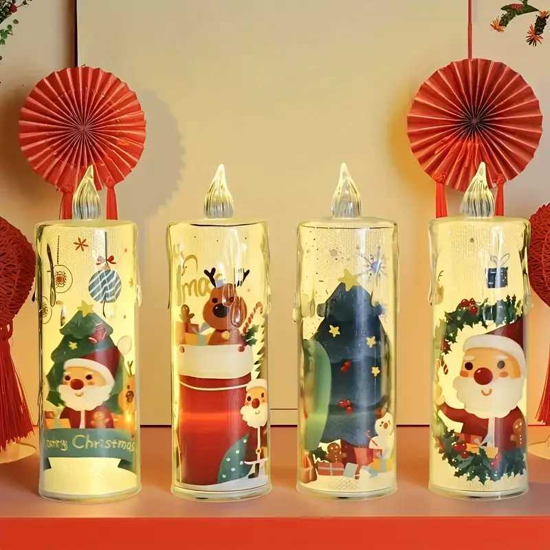 4PCS Christmas LED Candles Flameless Flickering Electronic Tea LightsSanta Claus Projection Night Light for Holiday Home Decor W251107