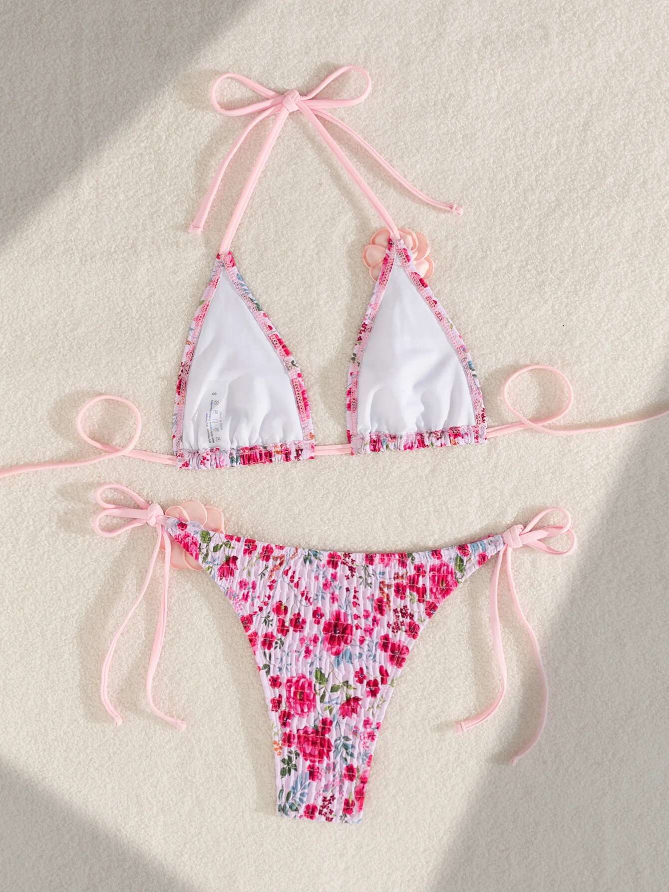 Dongdumaoyi Sexy Pink D Floral Designer Bikini Set Women Pleate Push Up Bra Tie Side Thong Swimsuit Beach Bathing Suit Micro Swimwear