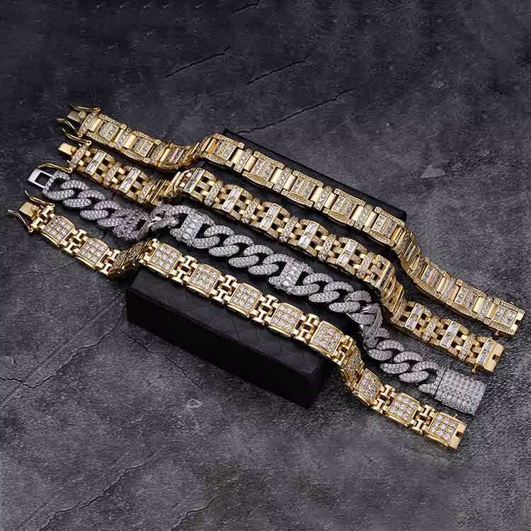 Hip Hop High Quality Pure Gold Plated Silver Iced Out Round Zircon Stone Baguette Prong Setting Cuban Link Chain Bracelet