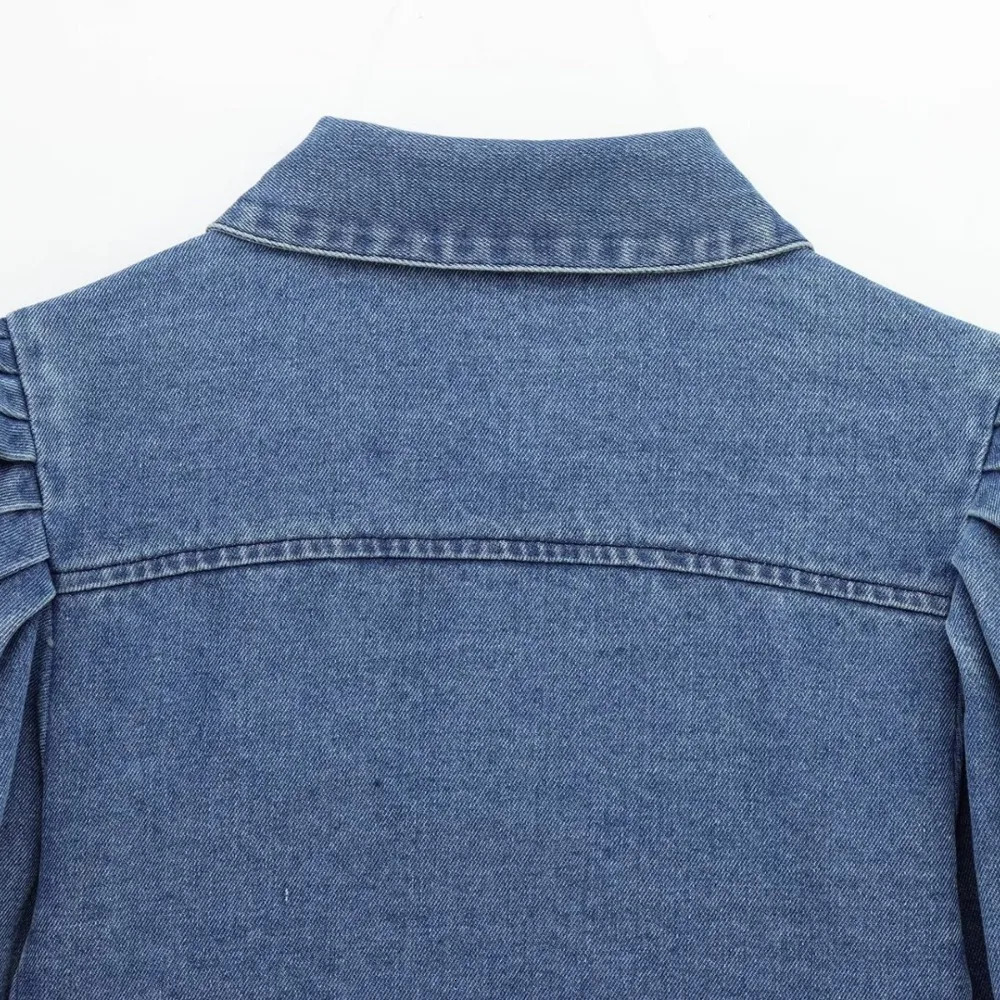 ZBZA Womens Denim Cut Shirt Retro Loose Collar Puff Sleeve Single Color SpringSummer Fashion Top 250407