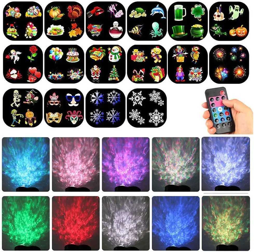 Halloween Christmas Projector Lights Outdoor 16 HD Slides 2 in 1 Water Wave Lamp with Color Patterns Timer Remote for Party W251107