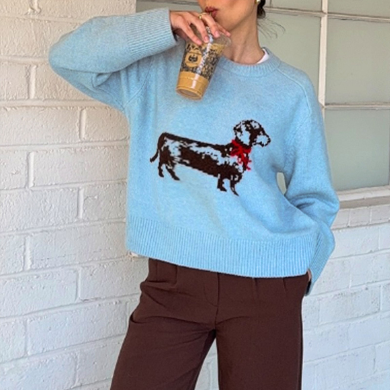 Women's color-block top, round-neck long-sleeve sweater, puppy print, romantic fall and winter best-selling versatile, Valentine's Day outfi