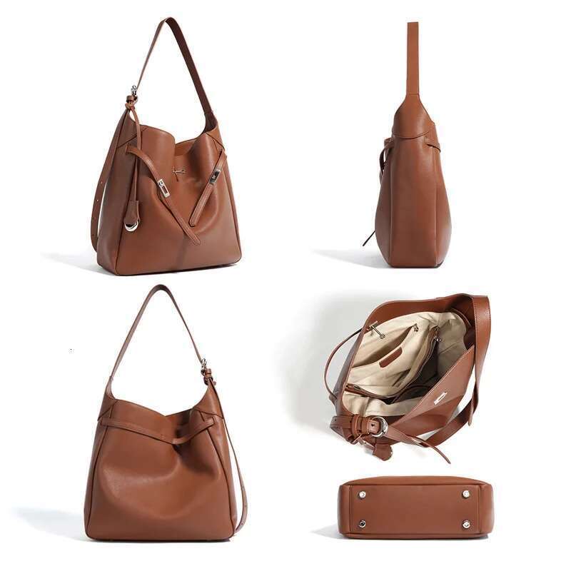 Popular Women Lady Ins Single Shoulder Bag Female Split Leather Belt Buckle Handbag Minimalist Armpit Bucket Tote New