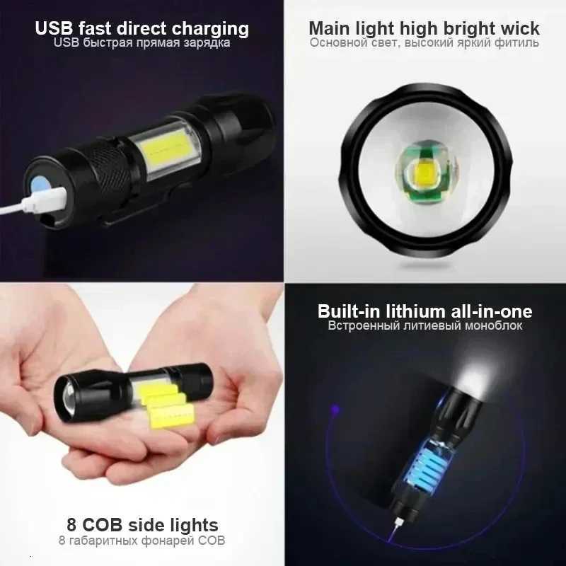USB Mini Rechargeable Flashlight COBXPE LED Zoomable Torch Built-in Battery 3 Lighting Modes Outdoor Camping Emergency LanternW251106