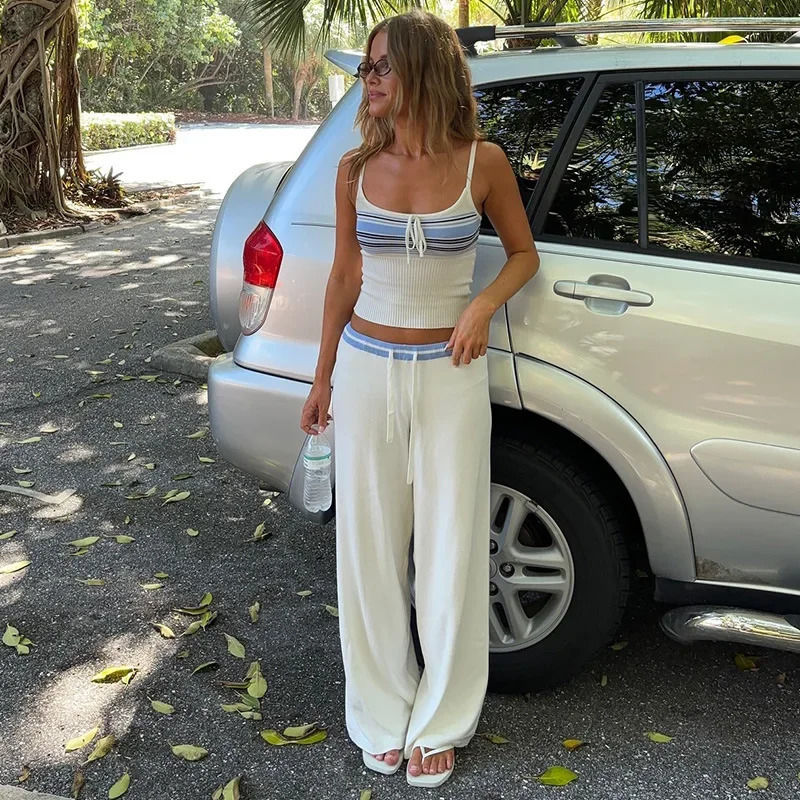 American Girl Lace Stripe Contrast Belt Low Waist Brushed Loose Casual Pants Wool Two Piece Set Womens Wear 250407