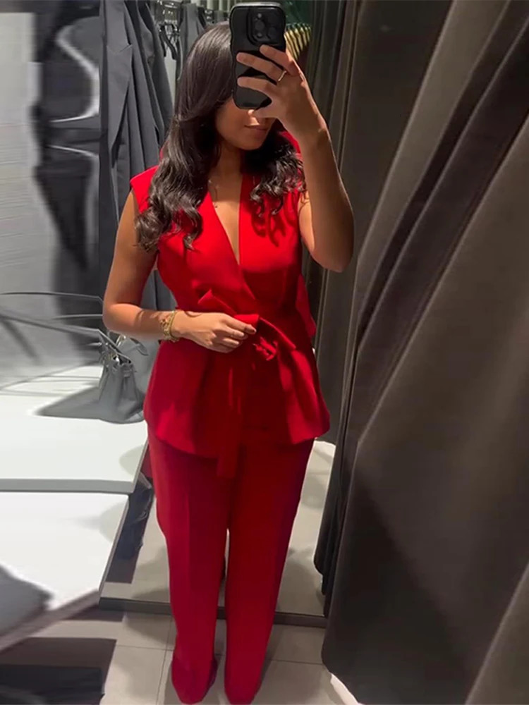 Red lace up vest pants set for womens elegant Vneck sleeveless high waisted Trouser summer 2piece 250407