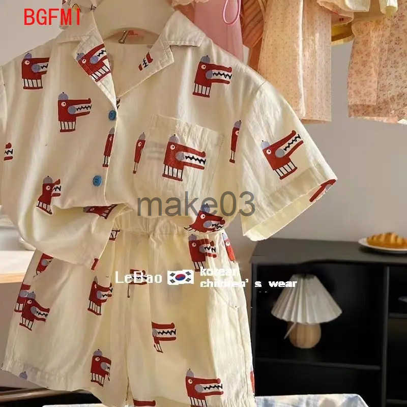 Korean 2025 Clothing Boys Fashion Printed Short Shirt Top+Short sleeved Childrens Boutique Set J250403