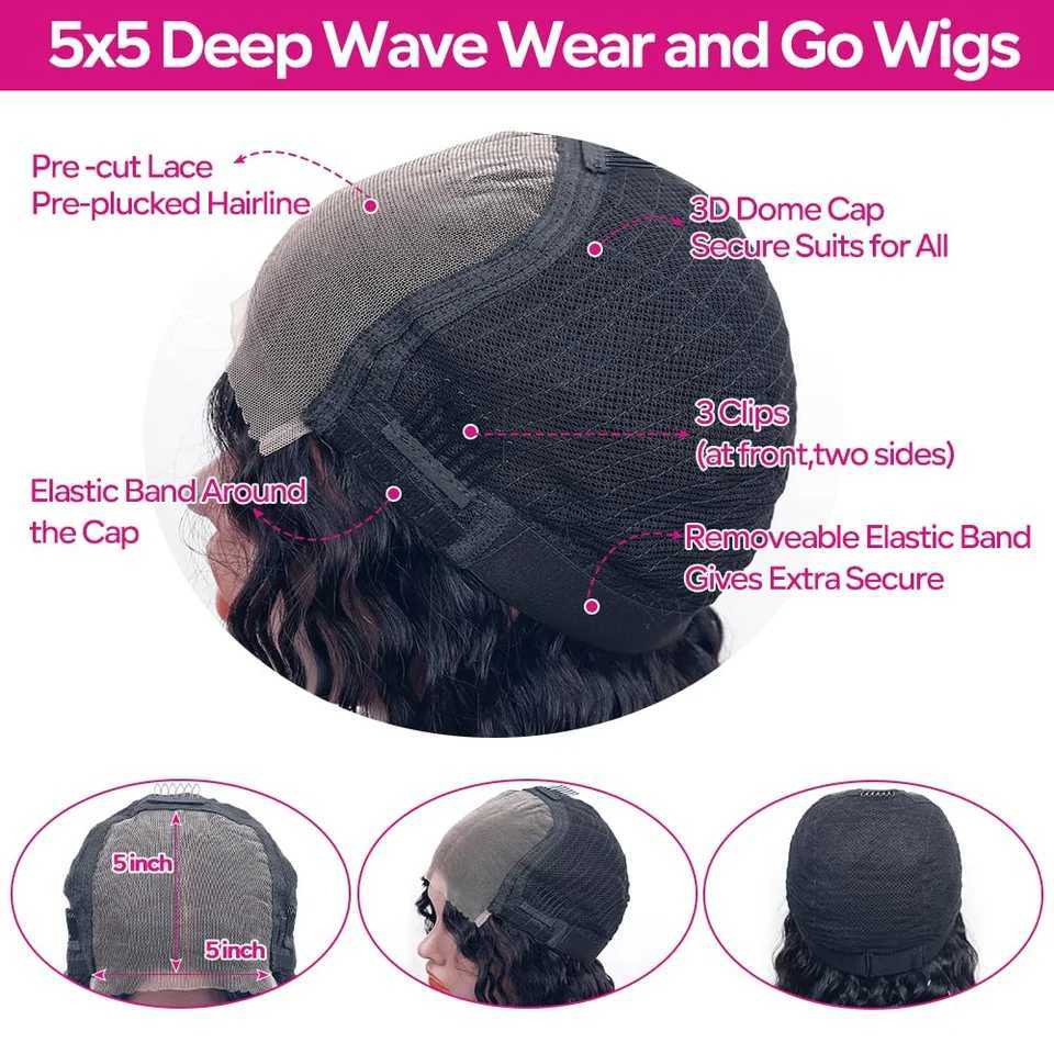 5x5 Glueless Deep Wave Ready to Wear Lace Clousure Wig Human Hair Pre Plucked 6x4 Curly Brazilian Transparent Lace Frontal Wigs W251107