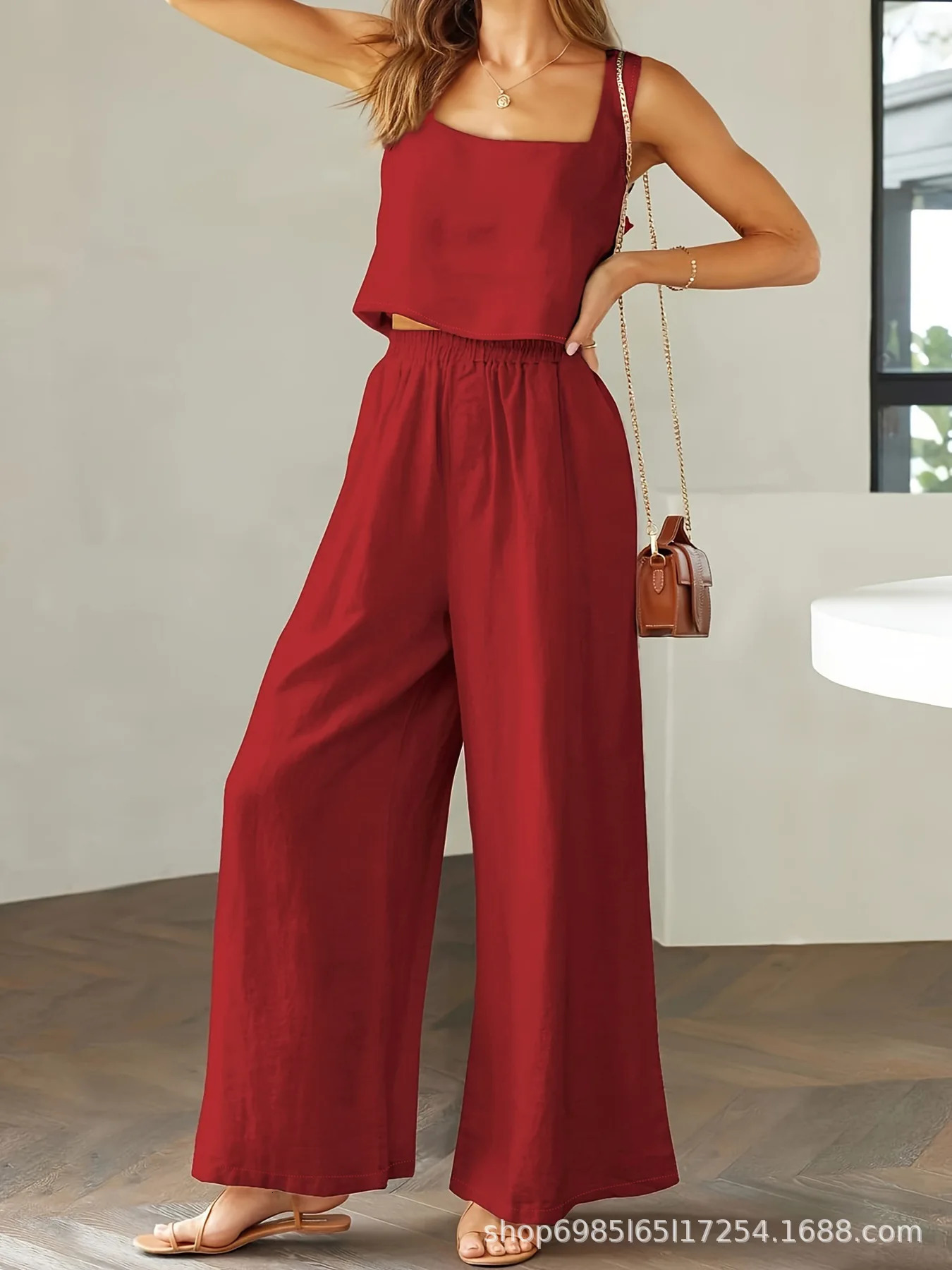 Womens summer 2-piece set sleeveless vest wide leg pants linen jumpsuit lounge matching beach set 250401