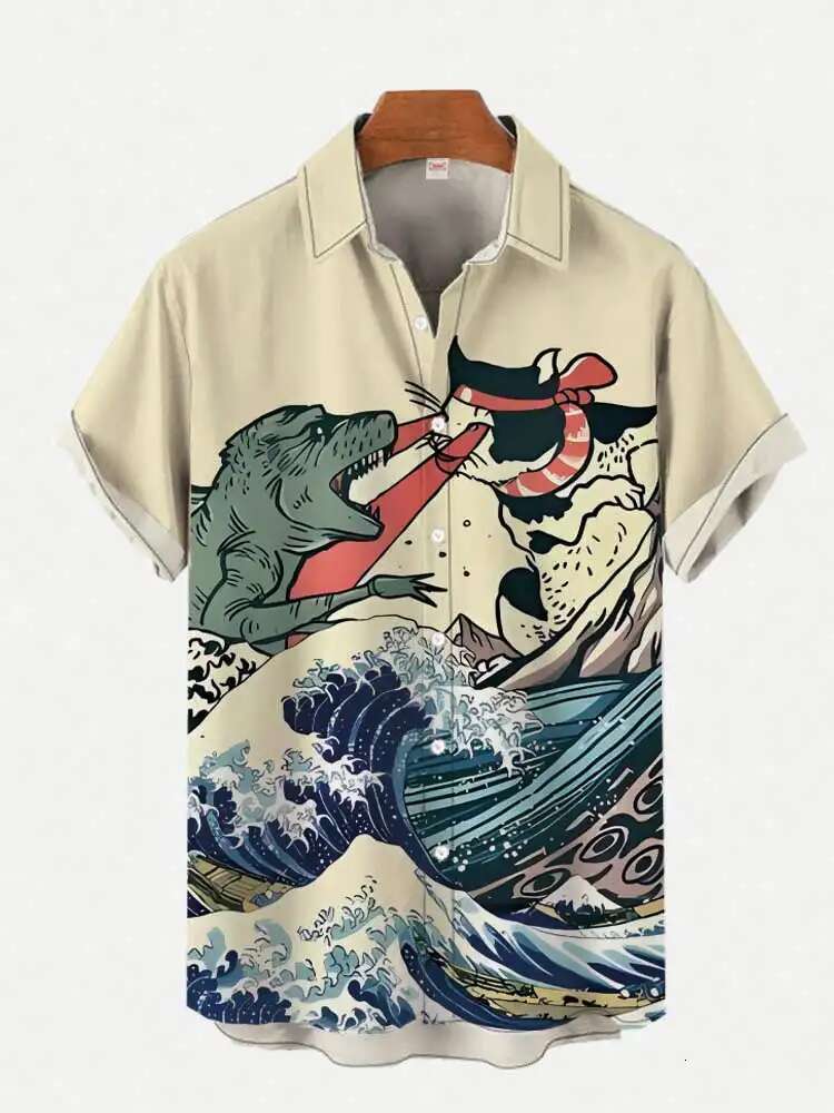 Japanese High-End Art Style Aircraft Print Men's Short-Sleeved Shirt Casual Hawaiian Top New Shir