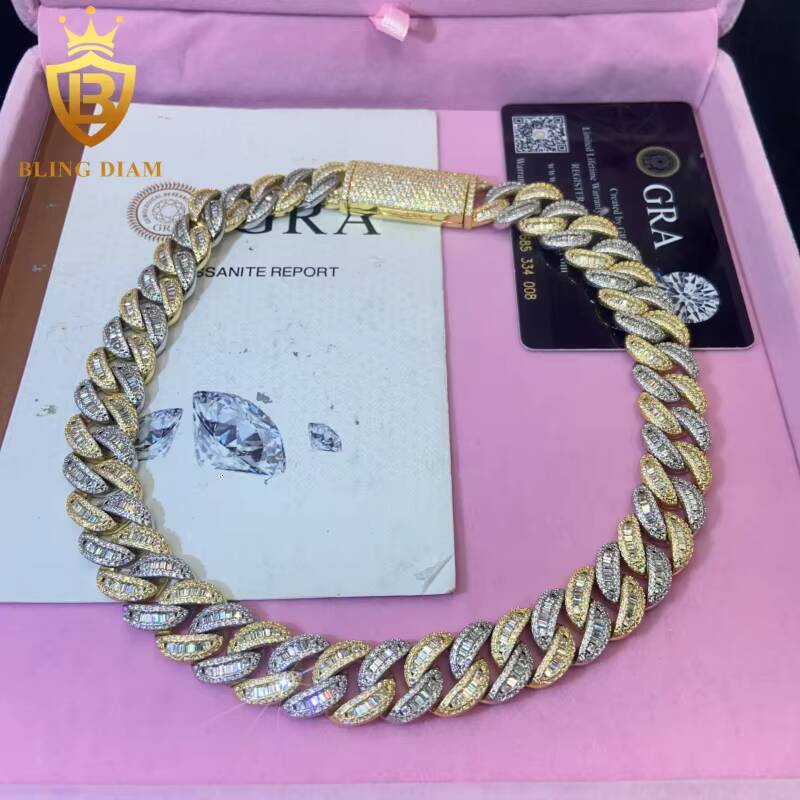 In Stock HipHop Style 15MM 925 Silver Moissanite Cuban Chain Pass Diamond Tester VVS Moissanite Necklace Chain Silver with GRA