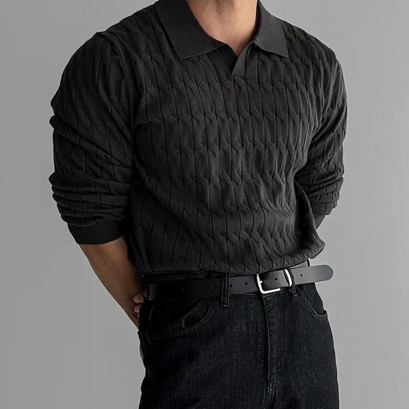 Mens Knit Sweater Polo Shirt V Neck Cable Stitch Business Collar Long Sleeve T Shirt Autumn Winter 251105