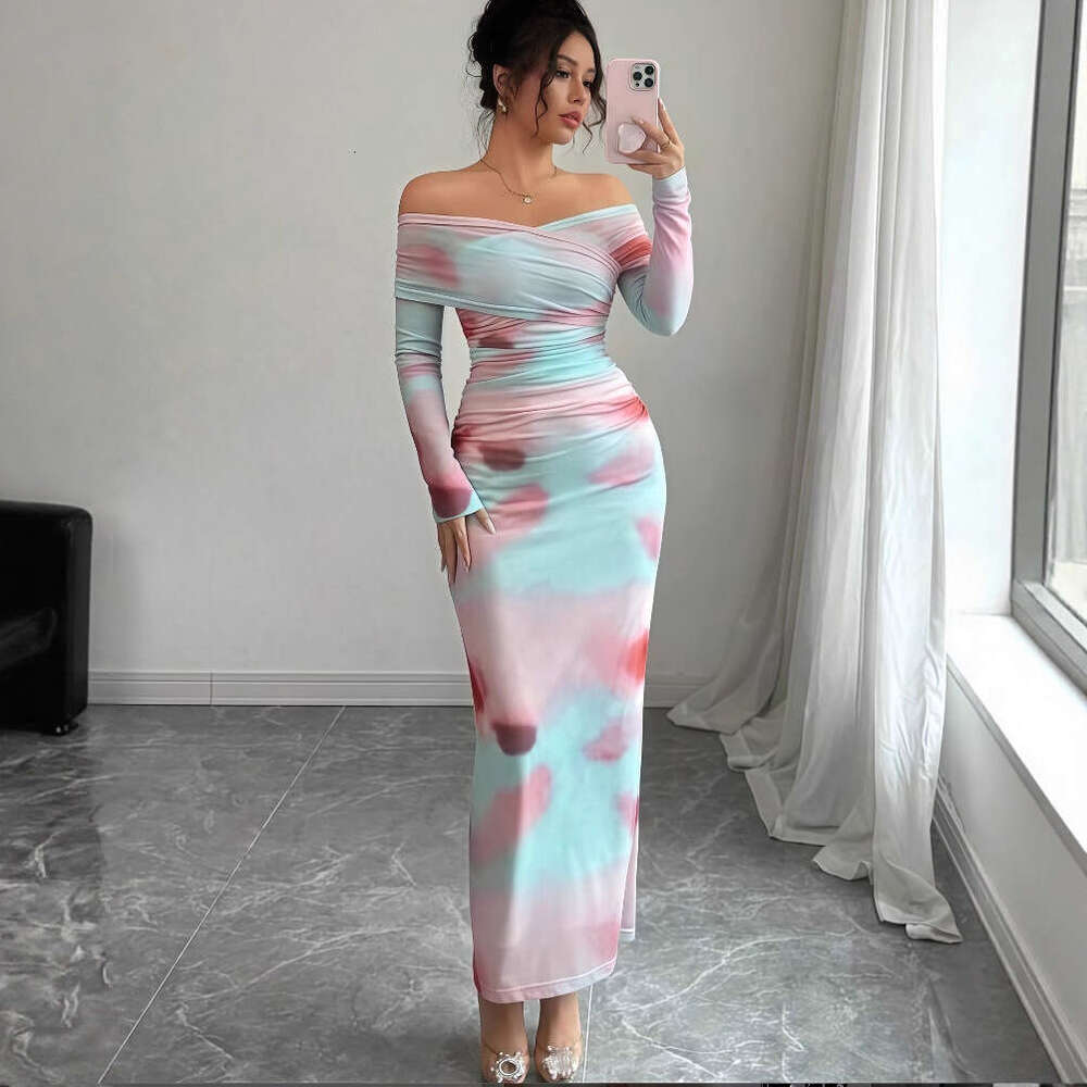 2025 Early Autumn New Sleeve Printed Off-Shoulder Slim Fit Elegant Long Dress for Women