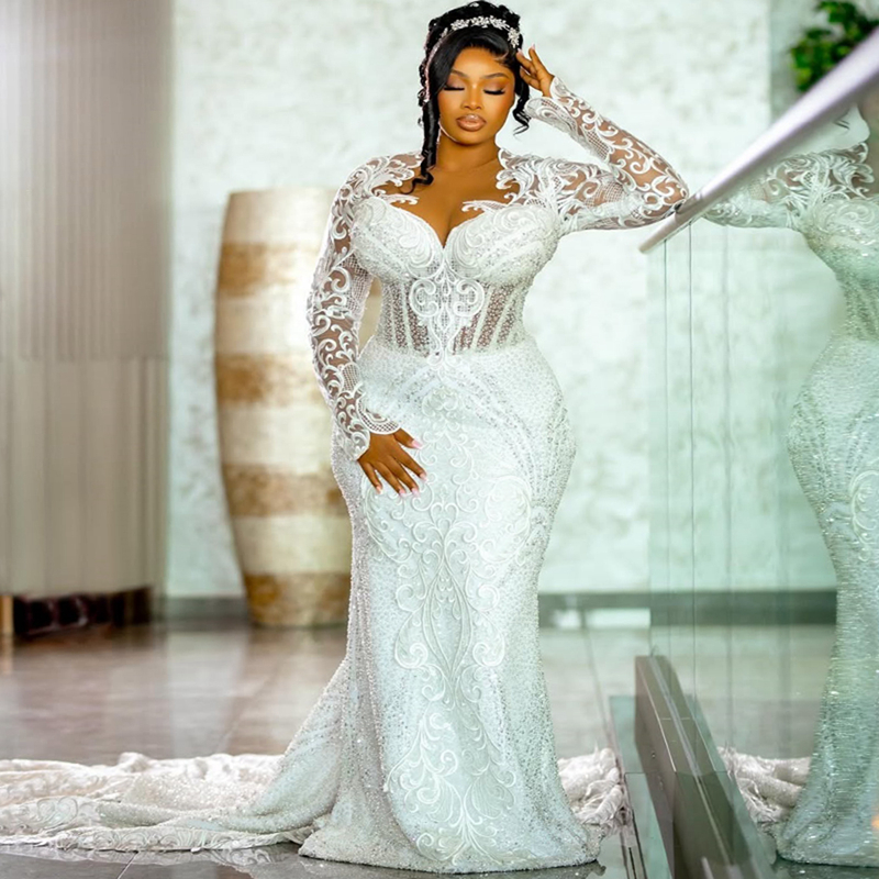 2025 Plus Size Mermaid Wedding Dress For Bride Bridal Gowns Long Sleeves Sheer Neck Long Sleeves Beaded Lace Tiered Tulle Wedding Gowns For African Bl