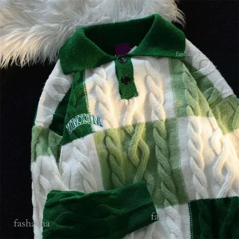 HOUZHOU Vintage Plaid Green Knitted Sweater Men Checked Pullover Y2K Blue Sweaters Mens Winter Harajuku Japanese Streetwear 240808