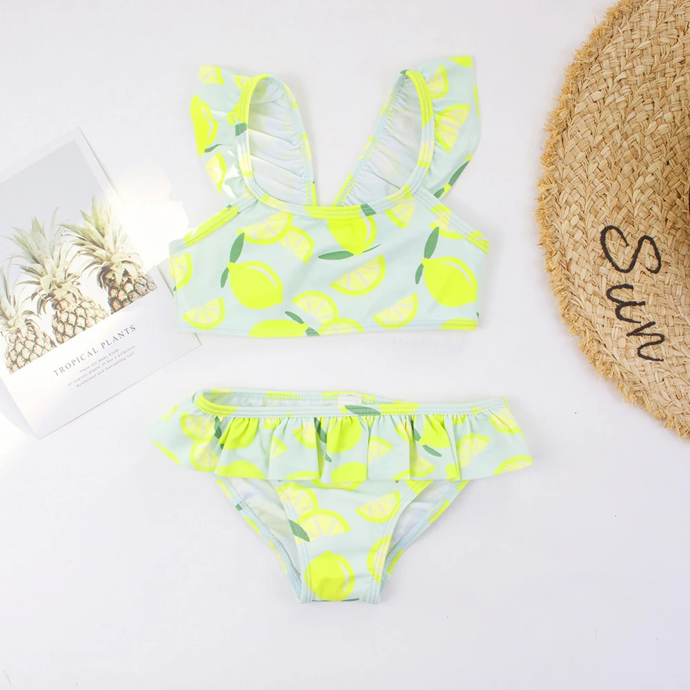Ruffle Lemon Print Baby Kids Swimwear Swimsuit Summer Beach Cute Girls Kids Bikini Set 3-8Years Outdoor Children Swimming Suit 250407