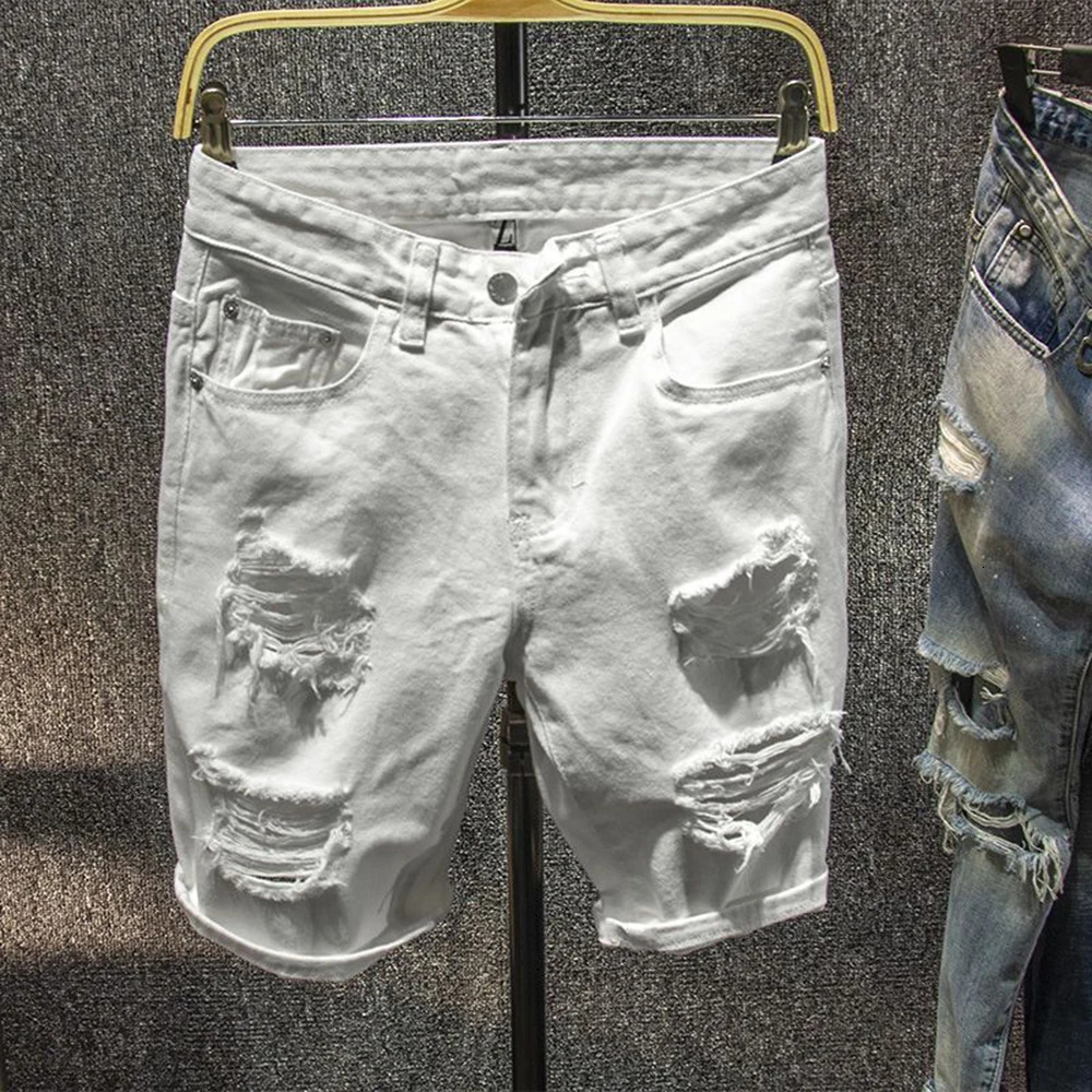 Summer Mens Fashion Trend FivePoint Hole Shorts Loose Versatile Straight Casual Solid Color Simple Y2k Jeans Men 250313