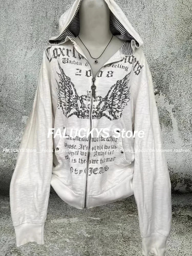 Grunge Print ultrathin waist Y2k hooded sweatshirt autumn zipper retro womens casual fashion long sleeved top 250403