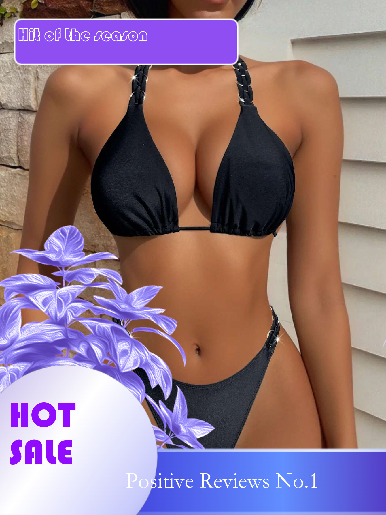 Dongdumaoyi Solid Color Black Two Piece Swimwear For Women Weaving Straps Ring Bikini High Waist Halter Backless Swimsuit Bathing Suit
