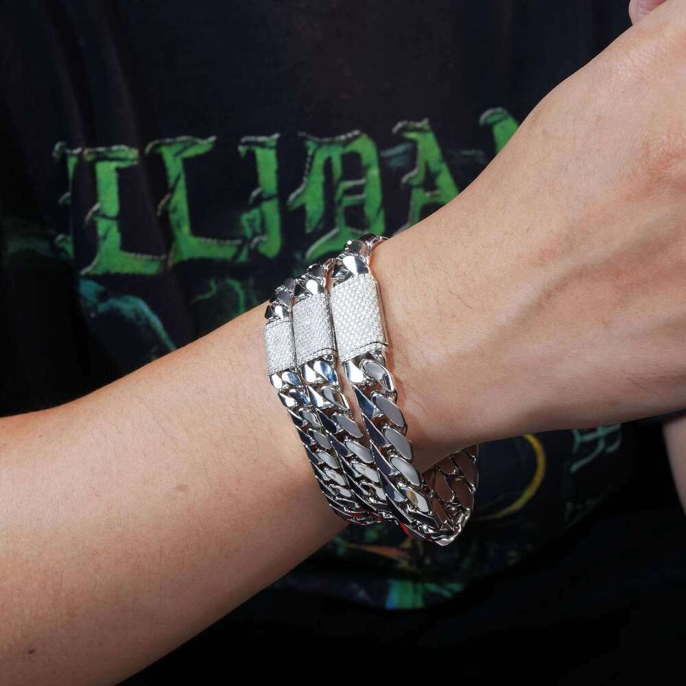 Custom Jewelry Set 925 Silver Silicon Stone Diamond Flip Clasp 12mm Miami Cuban Chain Necklace Bracelet