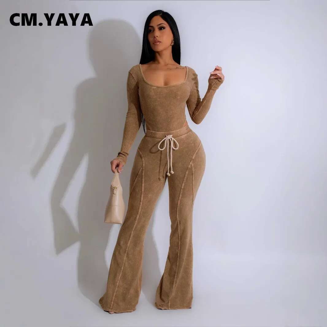 Fashion Women's Washed Knitted Long Sleeve O-Neck Bodysuits +Flare Pants Active Two 2 Piece Set Outfits Tracksuit