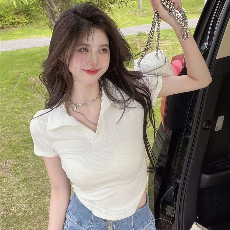 Korean clothing lapel short sleeved Tshirt womens summer girl solid color casual top 250407