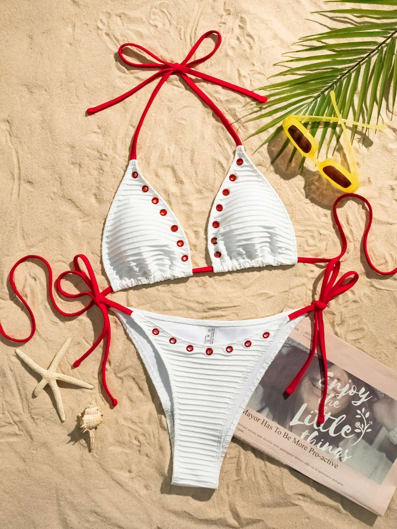 Dongdumaoyi Sexy White Red Contrast Bikinis Sets Women Halter Cross Push Up Tie Side Thong Swimsuit Beach Bathing Suit Micro Swimwear
