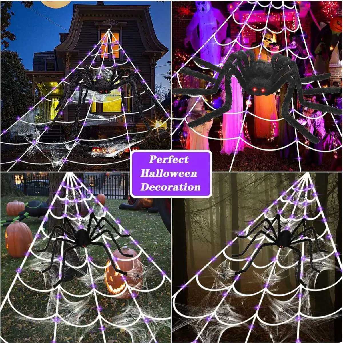 1pc Halloween Spider Web Lights with Large Spider And 200LED Purple String Light For Home Garden Holiday Halloween Decoration W251107