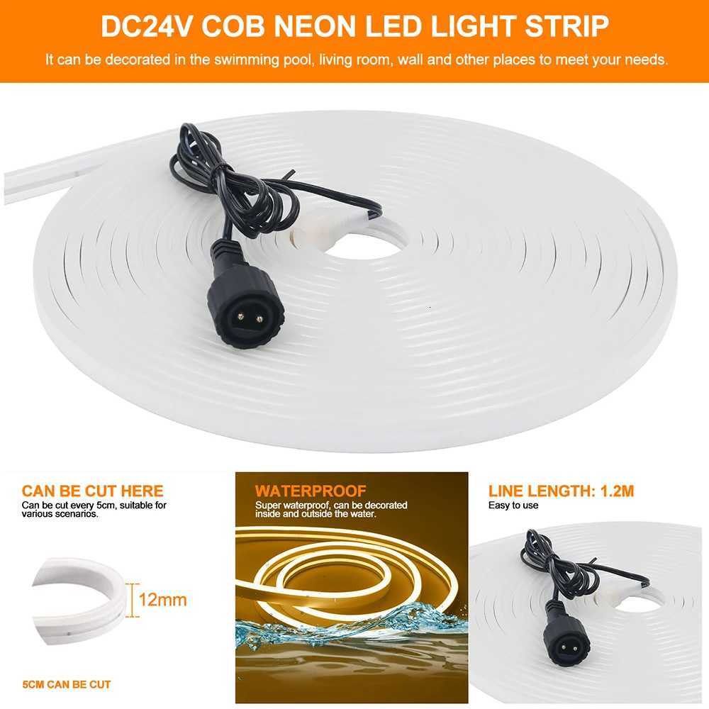 24V Solar Neon Light Strip Waterproof 8 Modes 120LEDs/m Flexible Lamp IP68 High Density Party Garden Outdoor Lighting Warm White W251107