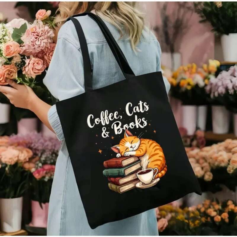 Is Better Life with Cats & Books Canvas Tote Women Cute Cat Shopping Bags Student Literary Book Shoulder Bag Cartoon Handbag &