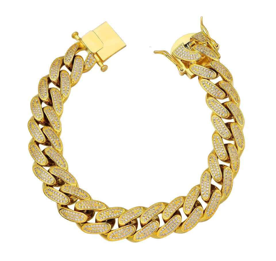 New Design Hip Hop Jewelry 14MM Gold Plated Cubic Zircon Stones 925 Sterling Silver Cuban Chain Miami Bracelet for Men