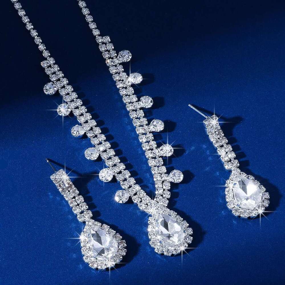 High end water droplet studded collarbone chain, niche hot sparkg tassel full dia necklace two-piece set