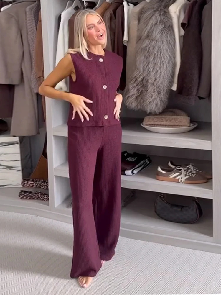 Knitted vest twopiece set womens casual sleeveless single chest cardigan wide leg Trouser spring minimalist loose suit 250407