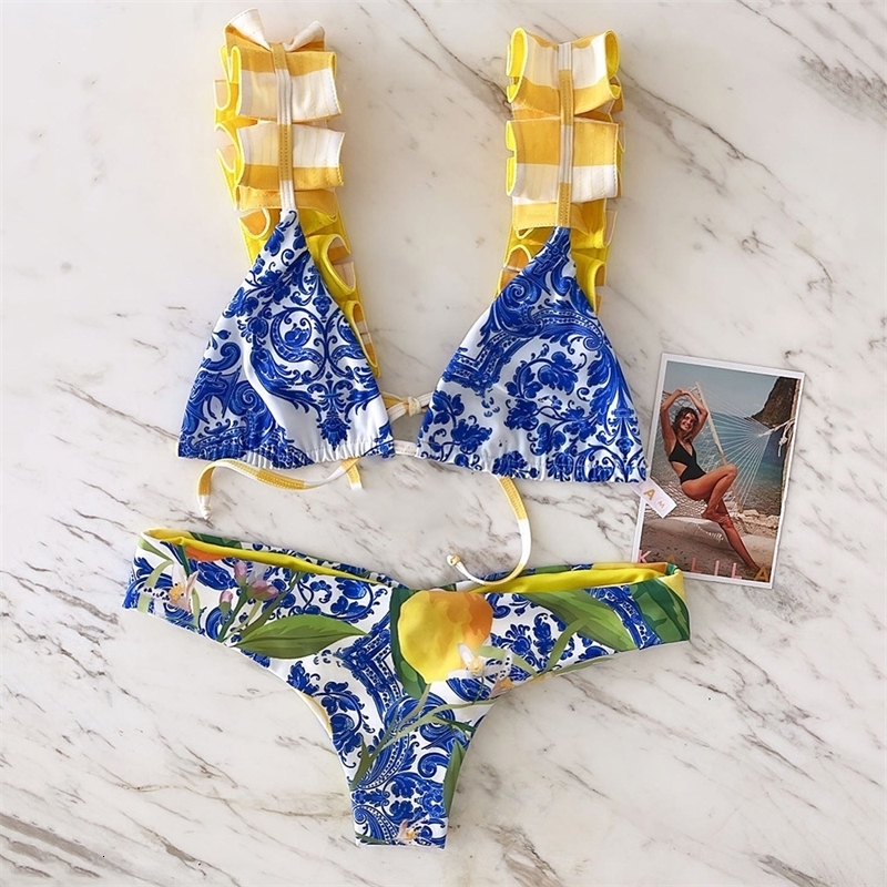 Sexy Two Pieces Bikini Sets Ruffle Swimwear Women Swimsuit Print Floral Vneck Beach Wear Bathing Suits bikini 250321