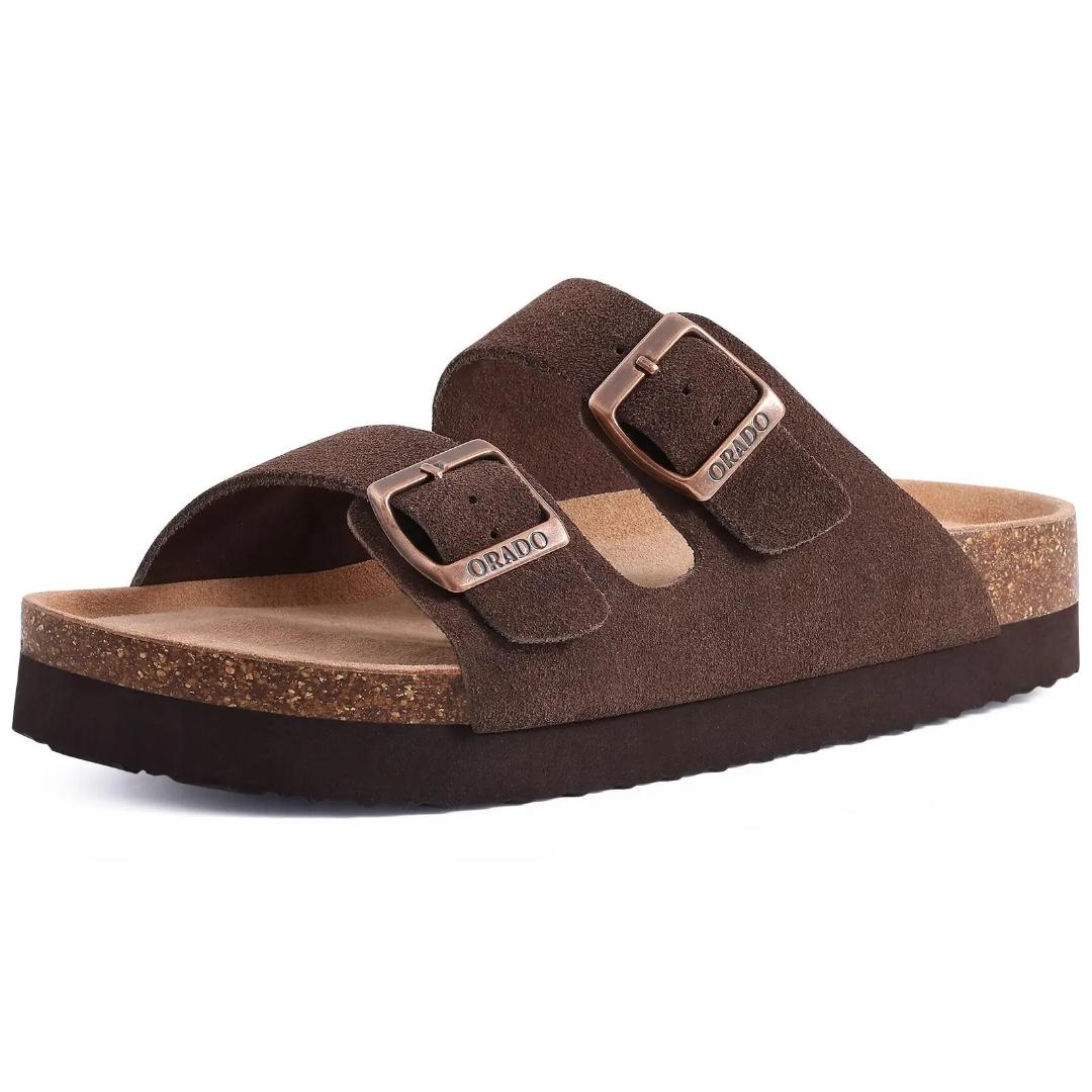 Litfun Classic Leather Cork Slippers Women Fashion Suede Flats Sandals Thick Footbed Cork Slides Unisex Outdoor Beach