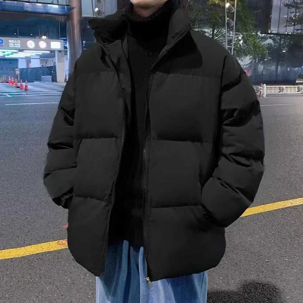 Versatile Stand-up Collar Jacket Cotton Padded Coat Mens Cotton Padded Stand Collar Jacket with Side Pockets Long for WinterT251107