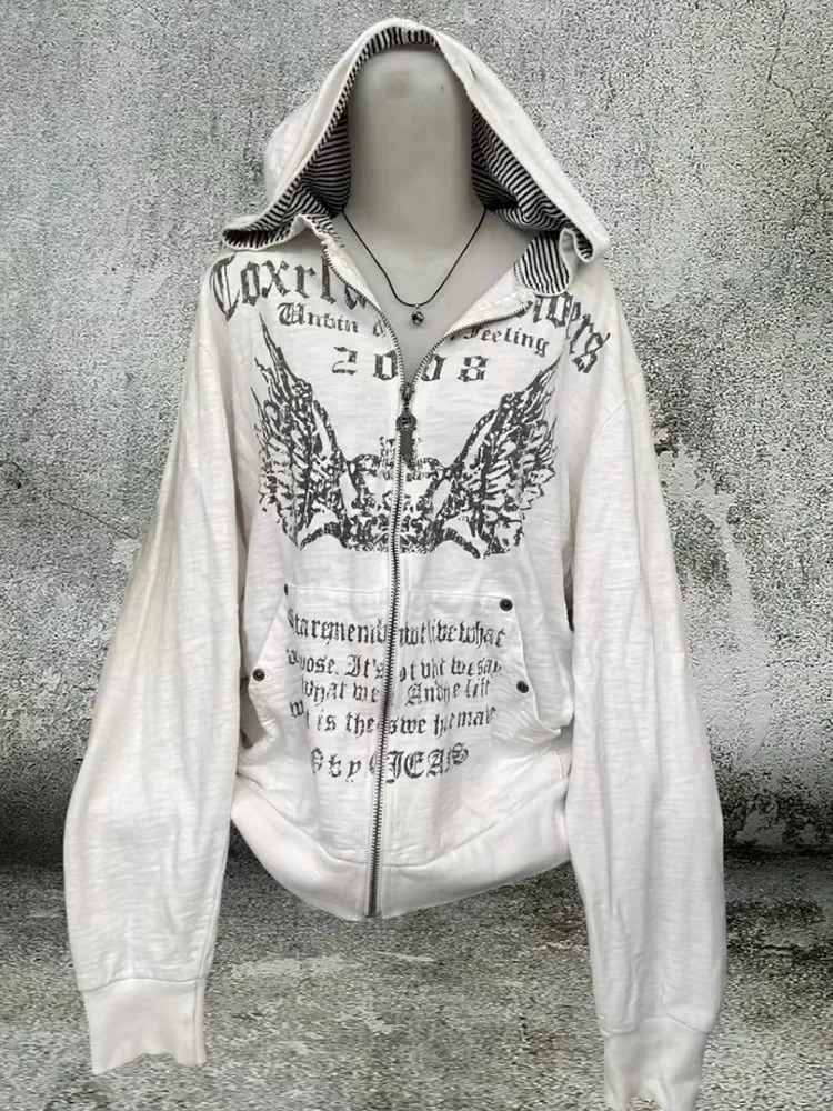 Grunge Print ultrathin waist Y2k hooded sweatshirt autumn zipper retro womens casual fashion long sleeved top 250403
